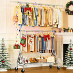 Double Rods Clothing Rack, Heavy Duty Clothes Rack for Hanging Clothes Load 560LBS, Metal Rolling Garment Racks with Wheels, Freestanding Clothes Hanging Racks, Silver