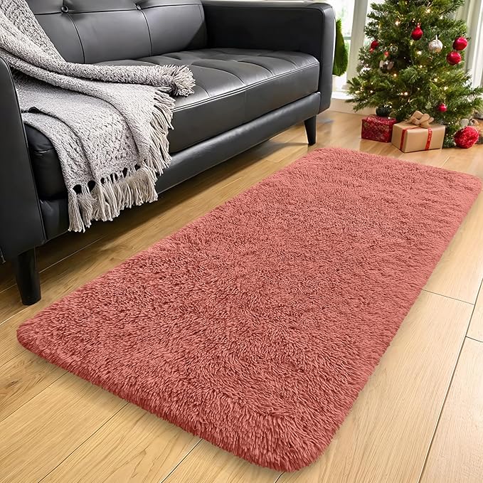 OLANLY 2x5 Machine Washable Runner Rugs for Hallway, Soft Fluffy Shaggy Bedside Rugs for Bedroom, Living Room, Indoor Floor Carpet for Kids Girls and Boys, Home Decor Aesthetic, Rust Red