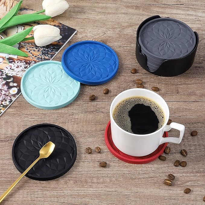 ME.FAN Silicone Coasters with Holder,[6 Pack] Drinking Coasters - Cup Mat for Hot or Cold Drinks, Thickened, Non-Slip, Non-stick,Deep Tray Dusty Rose
