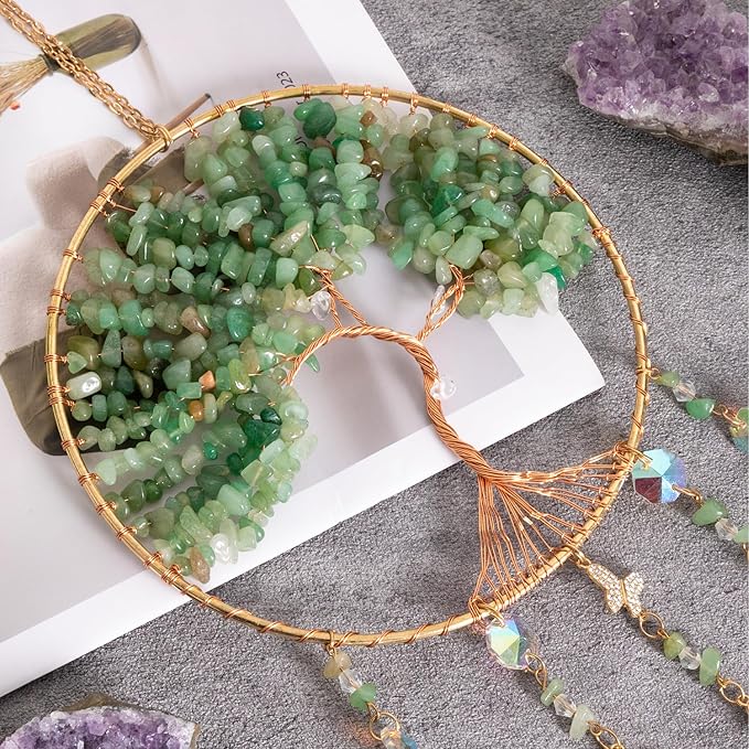 Tree of Life Dream Catchers Green Dream Catcher with Crystal Sun Catcher Prism Hangings Wall Window Bedroom Room Decor Gift for Girls Boys Adults