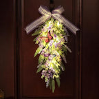 Jusdreen LED Teardrop Floral Wreath with Butterflies, Faux Lavender Hanging Decor with Lights for Farmhouse Home