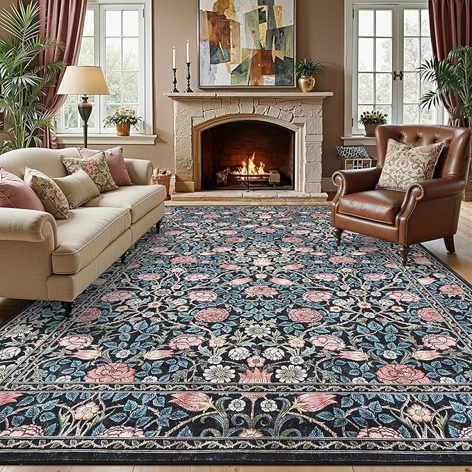 GarveeHome Indigo Blue and Pink Vintage Floral Washable 8x10 Area Rugs for Living Room Boho Retro Rug Low Pile Stain Resistance Non Slip Carpet for Bedroom Nursery Dining Room