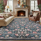 GarveeHome Indigo Blue and Pink Vintage Floral Washable 8x10 Area Rugs for Living Room Boho Retro Rug Low Pile Stain Resistance Non Slip Carpet for Bedroom Nursery Dining Room