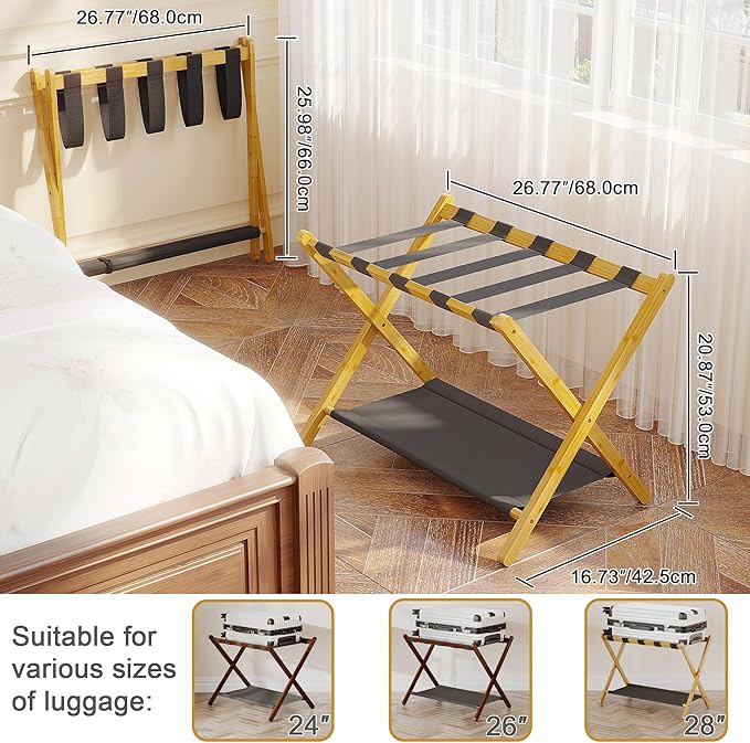Bamboo Luggage Rack for Guest Room, 26.77" Folding Wide Suitcase Stand with Fabric Storage Shelf, Thickened Luggage Stand Holder for Bedroom Hotel, Luggage Rack for Suitcases (1 Pack - Natural)