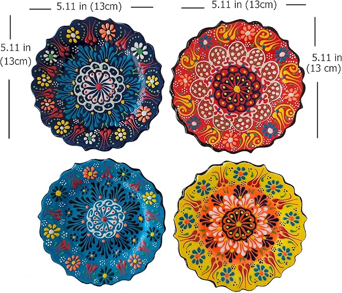 4-Piece 5-Inch Handmade Turkish Ceramic Plate Set – Wall & Table Decor & Jewelry/Ring Dish – Decorative Rings & Jewelry Tray Set