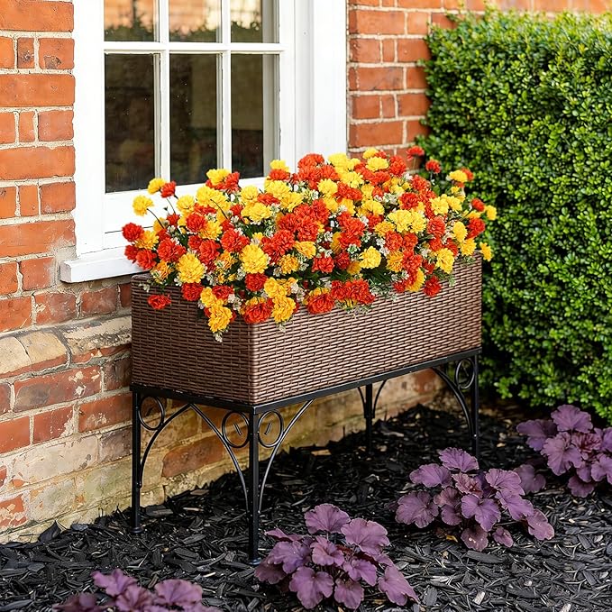 Artificial Flowers for Outdoors Decoration, 6 Bundles Silk Marigold Flower UV Resistant Look Real Faux Plants for Garden Porch Planter Patio Balcony Yard Home Decor (Yellow Orange)