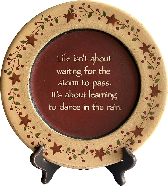 CVHOMEDECO. Primitive Vintage Dance in the Rain Wood Decorative Plate Display Wooden Plate Home Décor Art, 9-3/4 Inch