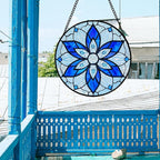 Stained Glass Window Hanging, Blue Tiffany Style Flowers Sun Catcher for Window Door Home Decor Suncatcher Christmas Mother's Day Birthday Gifts for Women Men Mom and Nana 15 in