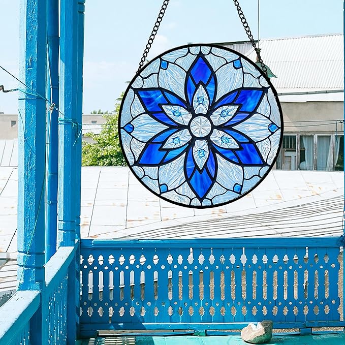 Stained Glass Window Hanging, Blue Tiffany Style Flowers Sun Catcher for Window Door Home Decor Suncatcher Christmas Mother's Day Birthday Gifts for Women Men Mom and Nana 6.3 in