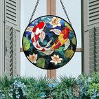 Stained Glass Window Hanging, Koi and Lotus Sun Catcher for Door Home Decor Fish Suncatcher Christmas Mother's Day Birthday Gifts for Women Men Mom and Nana 11.8 in