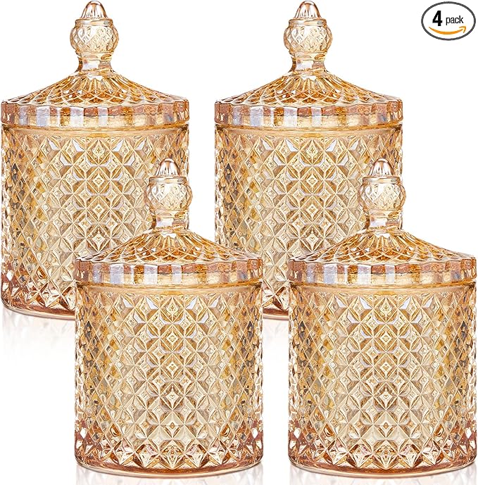 Aoriher 4 Pcs Crystal Glass Candy Jar Set with Lids Home Decorative Storage Jars for Apothecary, Bathroom, Kitchen, and Pantry, Ideal for Cotton Swabs and Jewelry(Large,Amber)