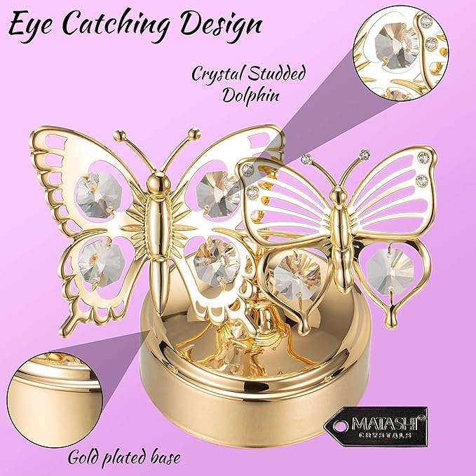 Matashi Crystal Studded 24K Gold Plated Double Butterfly Music Box Figurine – Plays "Memory" – Elegant Tabletop Showpiece for Living Room Decor – Keepsake Gift for Women, Mom, Wife, Birthday