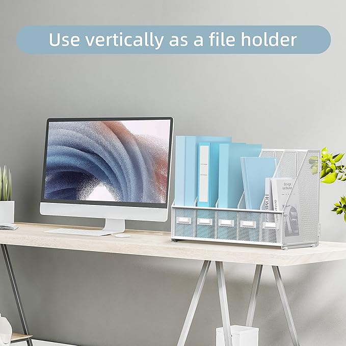 SUPEASY Desk Organizers Metal Desk Magazine File Holder with 5 Vertical Compartments Rack File Organizer for Office Desktop, Home Workspace, White (Pack of 2)