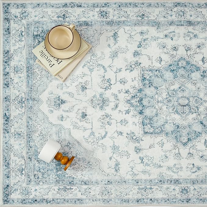 Blue Runner Rug 2x8 Washable Vintage Carpet for Hallway Kitchen Soft Retro Low Pile Thin Indoor Runner Non Slip Oriental Medallion Long Throw Rug for Bathroom Bedroom Laundry Dining Room
