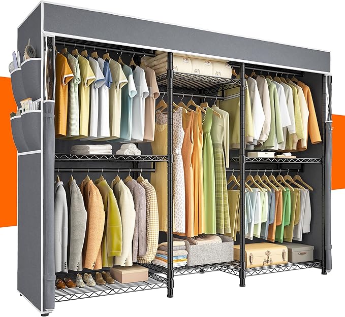 Raybee Clothes Rack with Cover,Clothing Racks for Hanging Clothes Heavy Duty,Portable Closet with Shelves,Adjustable,Loads 905 LBS,Black,75" W*17.8" D*77" H