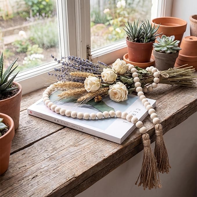 58in Wood Bead with Tassels – Boho Farmhouse Decor for Wall, Vase, Tray – Handmade Wooden Beads Home Decor