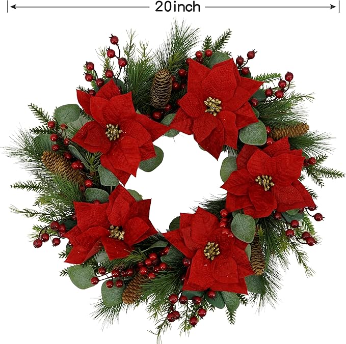AMF0RESJ 20 inch Artificial Christmas Wreath Winter Wreath with Poinsettia,Eucalyptus Leaves,red Berry,Pine Cones,Pine Needles for Indoor Outdoor Farmhouse Home Wall Window Festival Wedding Decor