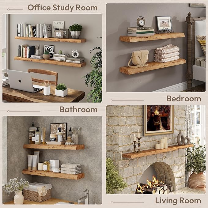 Marsmiles 30 inch Floating Shelves for Wall Elm Wood Live Edge Shelves|Rustic Wall Shelves with Invisible Heavy-Duty Bracket for Bathroom Living Room Kitchen|Natural, 2 Pack