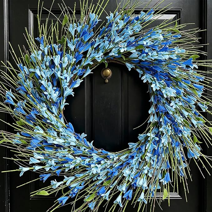 GTIDEA Summer Wreaths for Front Door, 24 Inch Blue Floral Wreath with Grapevine Base, Silk Forsythia Flowers Wreath for Everyday Farmhouse Door Decor Porch Wall Window Indoor Outdoor