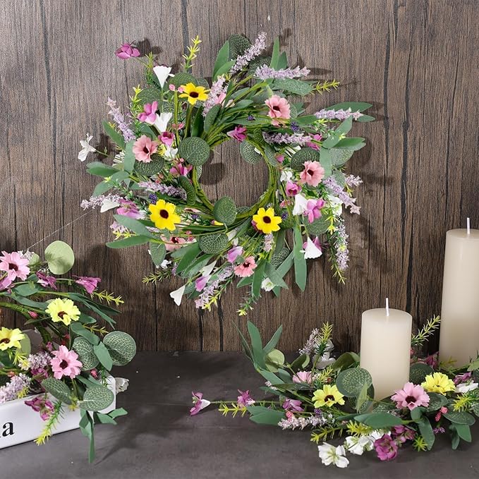 8 Pcs 9" Mini Spring Summer Flowered Wreath Floral Wedding Candle Rings Wreaths Kitchen Cabinet Wreaths with Ribbon for Pillars Wedding Table Centerpiece Farmhouse Party Home Door All Seasons Decor