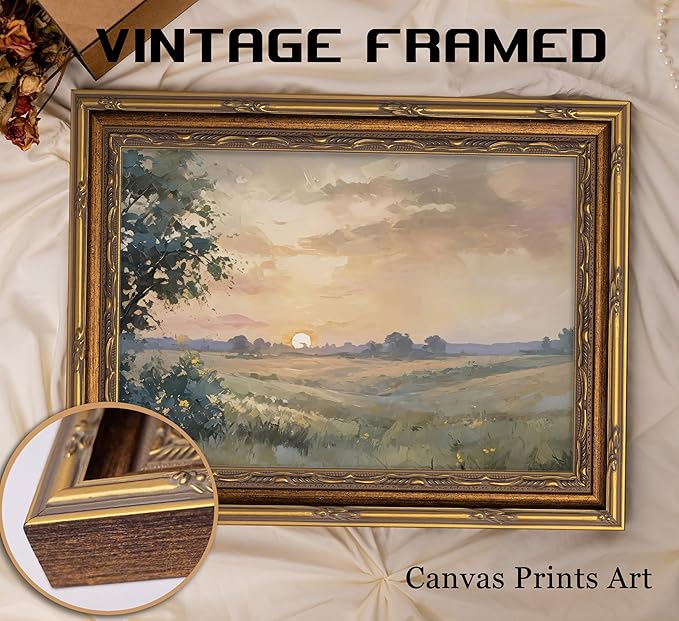 Vintage Gold Framed Wall Art Retro Fall Sunset Country Oil Painting Canvas Prints Watercolor Autumn Landscape Picture Rustic Farmhouse Soft Nature Poster Artwork for Living Room Bedroom, 9x11in