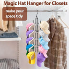 Hat Hangers for Closet, Collapsible Hat Organizer with 10-Hook, Stainless Steel Hat Holder, 360° Rotating Hat Storage Rack for Baseball Caps