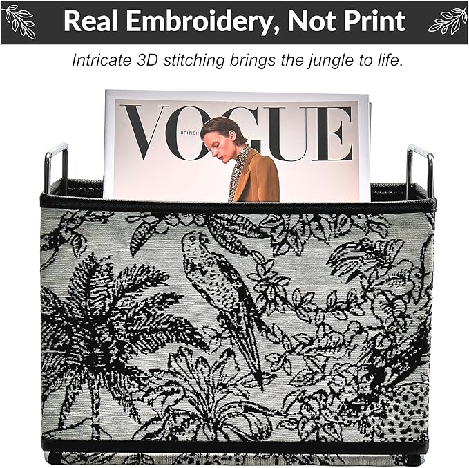 Jungle Theme Magazine Holder - Black & White Embroidered Fabric Magazine Rack Floor, Vintage Faux Leather Newspaper Book Basket Box for Bathroom, Living Room and Toilet (Random Pattern)