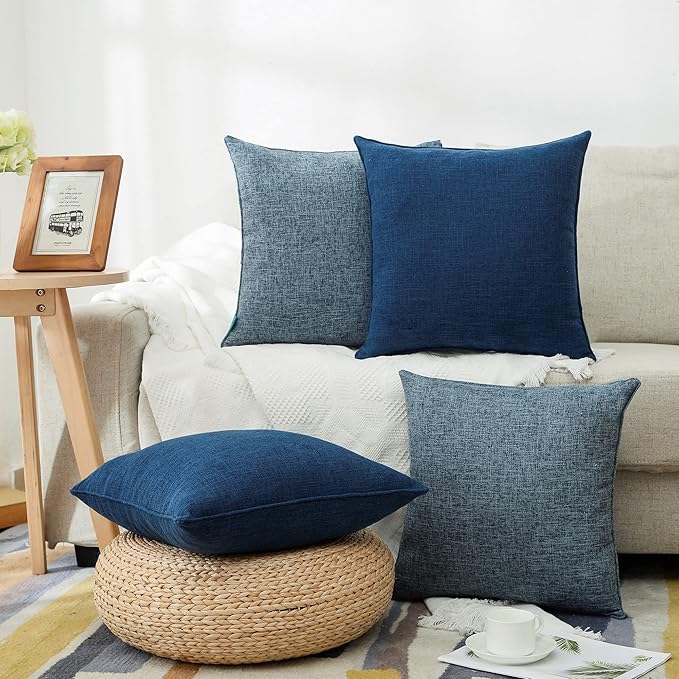 HPUK Linen Throw Pillow Covers Pack of 2, 18x18 Inch Accent Cushion Covers for Living Room, Bedroom, Decorative Solid Color Pillow Covers for Couch, Sofa, Chair, Blue