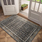 Washable 3x5 Entryway Rug, Boho Non-Slip Vintage Distress Small Rugs for Kitchen Nursery Office Bedroom, 0.3" Neutral Oriental Throw Thin Carpet with Cushioning Pad, Black/Brown/Blue/Multi