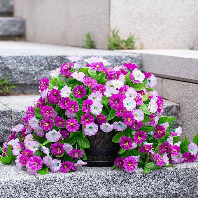 Artificial Fake Hanging Flowers Plants for Outdoor Decoration, 2PCS Faux Silk Morning Glory Long Vines Stems UV Resistant Look Real for Outside Home Porch Patio(Violet)