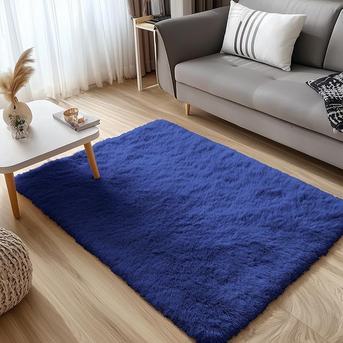 OLANLY 4x4 Machine Washable Accent Rug, Soft Fluffy Shaggy Area Rug for Bedroom, Living Room, Indoor Floor Carpet for Kids, Nursery, Home Decor, Navy Blue