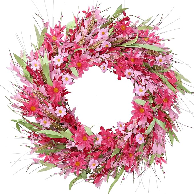 Sggvecsy 21in Artificial Pink Forsythia Wreath Spring Summer Fake Daisy Wreath Handmade Wreath with Daisies Lavender for Gifts Festival Front Door Window Wall Farmhouse Decor