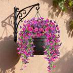 Artificial Hanging Flowers for Outdoors, 2 PCS UV Resistant Faux Silk 150 Morning Glory Each Trailing Vines, Fake Plants for Spring Outdoor Garden Planter Porch Patio Decoration, Fuchsia & LightPurple
