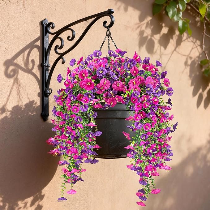 Artificial Hanging Flowers for Outdoors, 2 PCS UV Resistant Faux Silk 150 Morning Glory Each Trailing Vines, Fake Plants for Spring Outdoor Garden Planter Porch Patio Decoration, Fuchsia & LightPurple