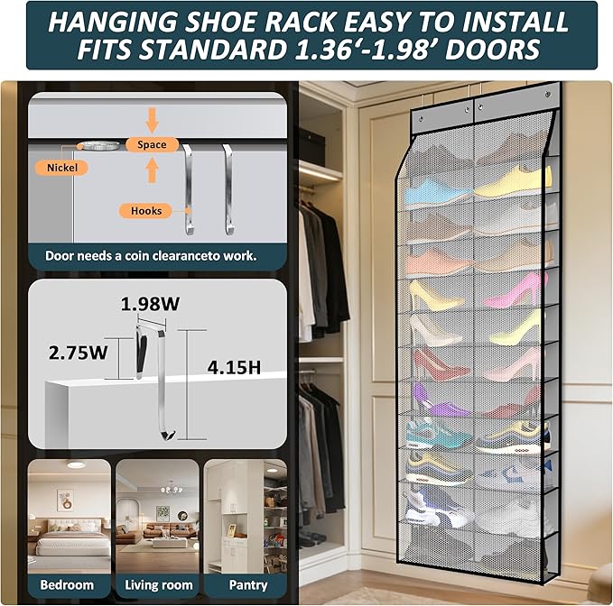24-Pair Over Door Shoe Organizer for Family & Kids, Double Sided | Hanging Storage for Sneakers, Boots, Toys & Room Organization-Graphite Gray