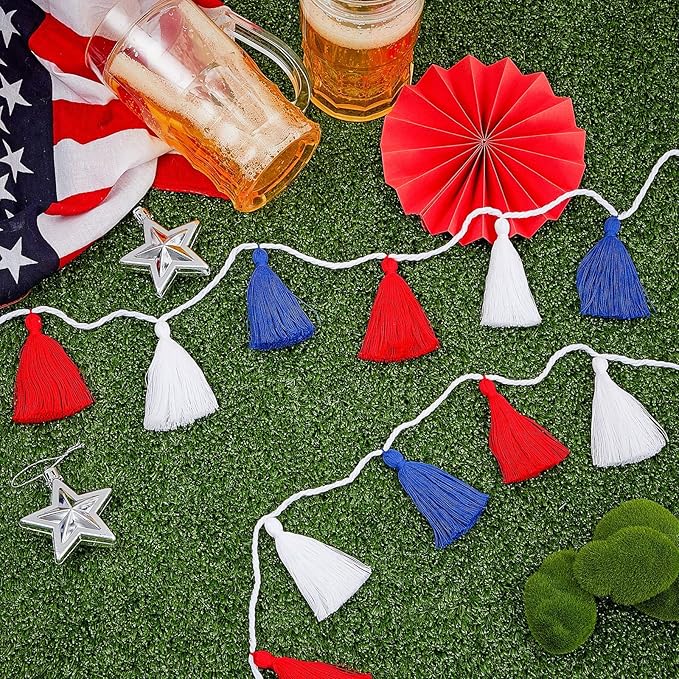 WILLBOND 4 Pieces Tassel Garland Red White and Blue Garland for Patriotic Decorations 4th of July Decoration Classroom Wall Decor Boho Pastel Cotton Tassel Banner for Party(3.1 Inch, Red, White, Blue)