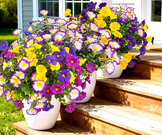 Artificial Faux Flowers for Outdoors, 12 Bundles Artificial Plants Outdoor UV Resistant, Fake Morning Glory Silk Flowers for Outside Planter Porch Patio Yard