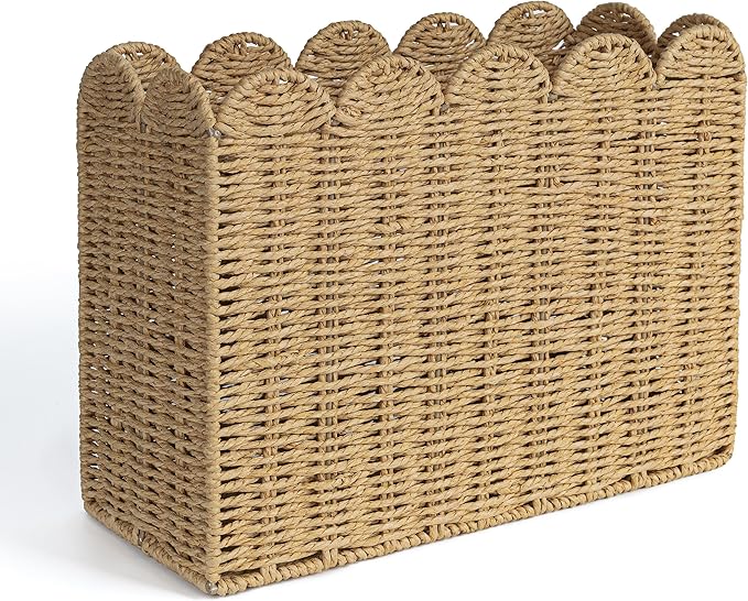 AELS Woven Natural Fibre Magazine Holder, Scalloped Edge Floor Magazine Rack, Hand-woven Organizer, Boho Modern Farmhouse Book Basket, File Newspaper Mail Holder for Office