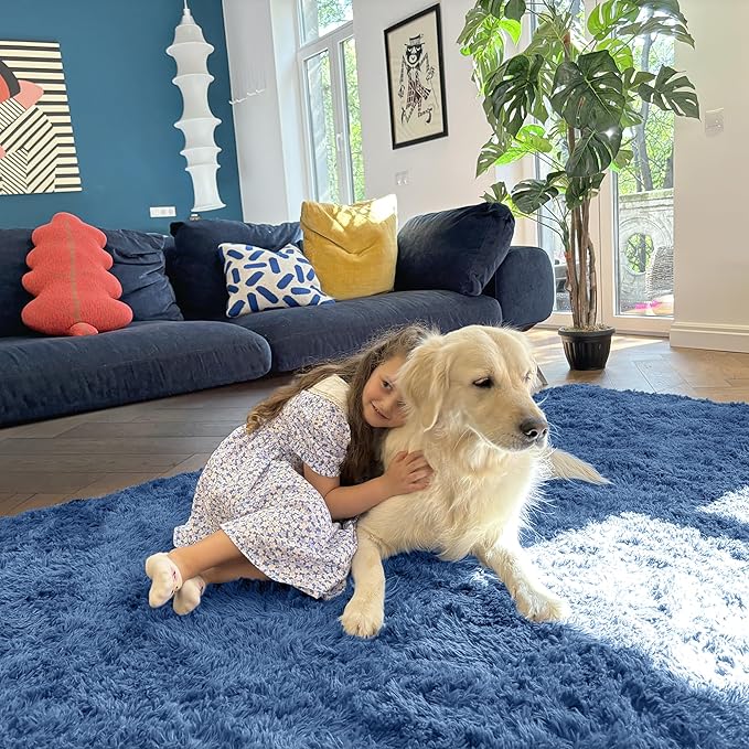 OLANLY 8x10 Machine Washable Large Area Rugs for Living Room, Bedroom, Soft Fluffy Shaggy Bedside Rug, Indoor Floor Carpet for Kids Girls and Boys, Dorms, Nursery, Home Decor Aesthetic, Blue