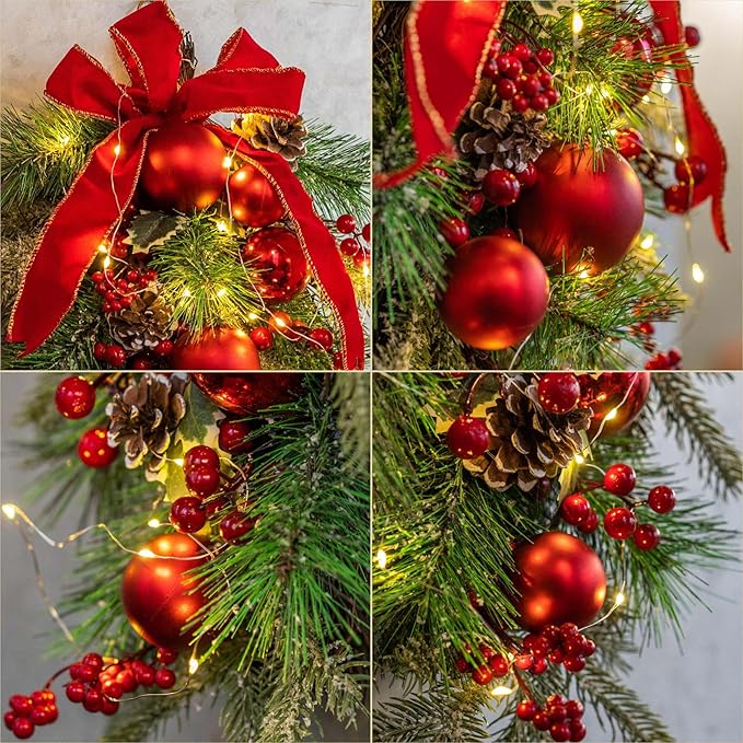 24" Pre-lit Decorative Teardrop Swag, Battery Operated Christmas Swag with Fairy Lights, Red Bowknot & Baubles, Pine Cones, Red Berries, Green Leaves Holly, Spruce Branches, Pine Needles