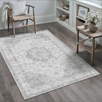 Grey Gray Area Rug 3x5 Washable Vintage Carpet for Entryway Office Soft Retro Kitchen Low Pile Thin Door Mat Non Slip Oriental Medallion Throw Rug for Bathroom Bedroom Dining Living Room