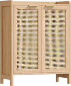 Rattan Shoe Storage Cabinet, 5-Tier Shoe Cabinet for Entryway, Wooden Shoe Rack Organizer with Doors and Adjustable Shelves, for Entryway, Hallway, Living Room, Natural Oak