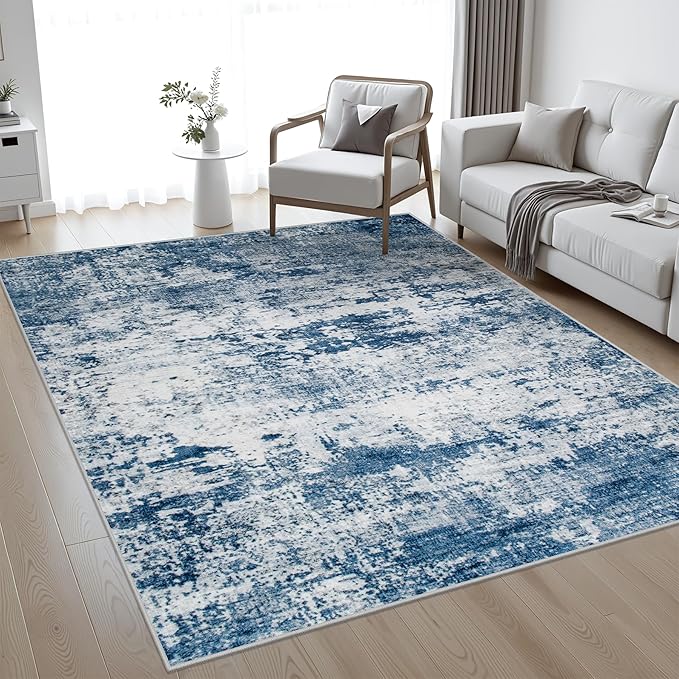 10x12 Area Rug Living Room Rug: Washable Modern Abstract Soft Thin Rug Indoor Floor No Slip Stain Resistant Carpet for Bedroom Dining Room Farmhouse Nursery Home Office - Blue