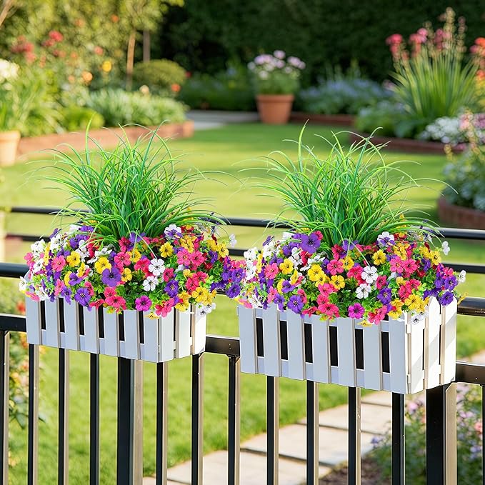 Artificial Flowers for Outdoors, 14 Bundles UV Resistant Fake Flowers Daisy with Greenery Plants,Faux Outdoor Flowers for Spring Summer Decoration, Outdoor Faux Plants Home Window Porch Patio Yard