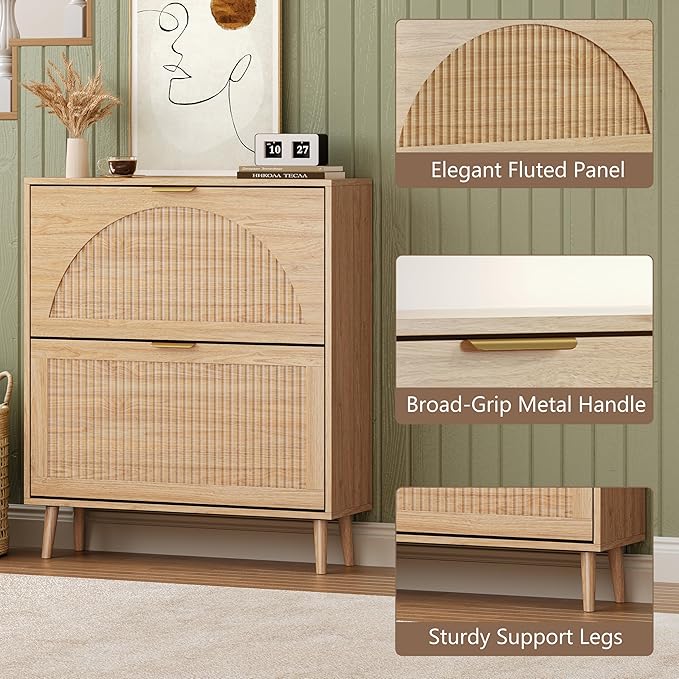 Shoe Cabinet for Entryway with 2 Flip Drawers, Slim Wooden Shoe Storage Organizer with Modern Fluted Pannel，Freestanding Narrow Hidden Shoe Rack for Hallway, Foyer, Living Room
