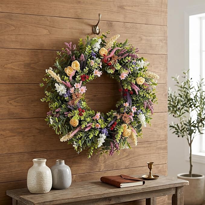 Lush Eucalyptus Wreath for Front Door - 24" Colorful Floral Wreath with 10+ Mixed Foliage & Blooms - All-Season Farmhouse Outdoor Wreath for Spring Summer Porch Wall Decor