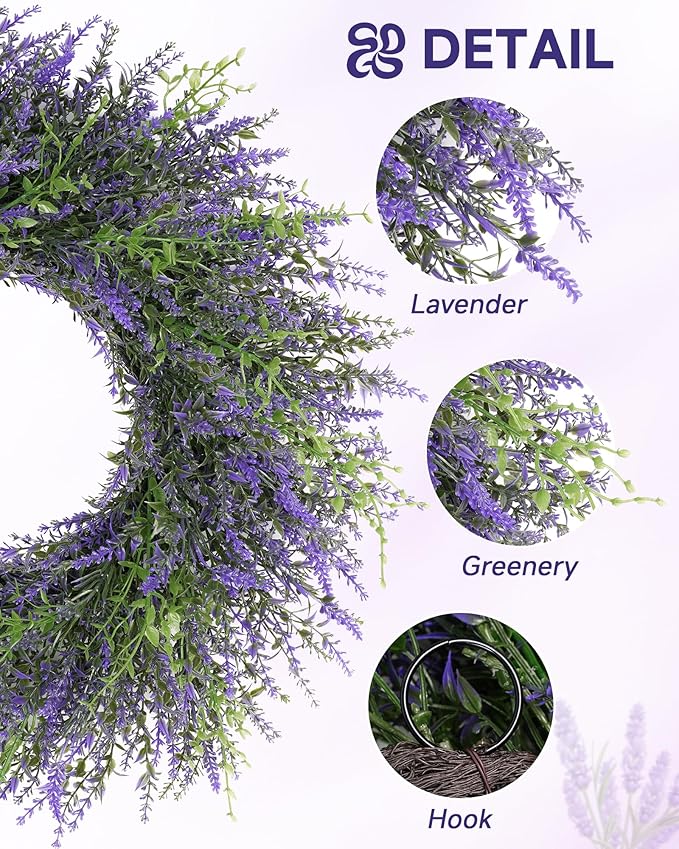 DDHS 24inch Lavender Wreath for Front Door, Window, Porch, Spring Summer Artificial Wreaths All Seasons Farmhouse Indoor Outdoor Decor-pulpre