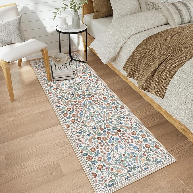 Moynesa Floral Hallway Runner Rug, 2x6 Kitchen Runner Non-Skid Washable, Boho Botanical Soft Ultra Thin Throw Mat for Bathroom Laundry Bedroom, Beige