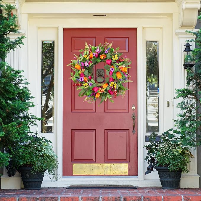 Sggvecsy Spring Summer Wreath for Front Door 22 Inch Artificial Tulips Wreath with Eucalyptus Leaves Lavender Ferns Colorful Silk Flowers Butterflies for Home Farmhouse Indoor Outdoor Wall Decor