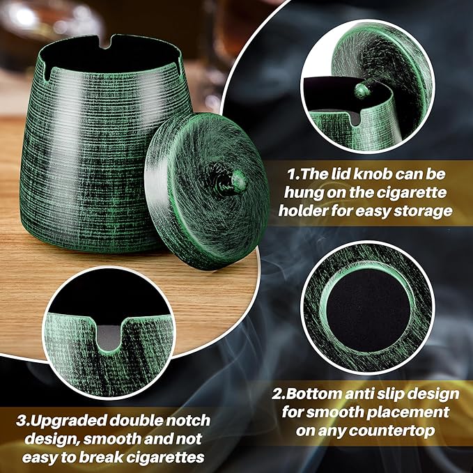Ashtray for Cigarettes Outdoor, Outdoor Ashtray with Lid for Cigarette, Metal Odorless Windproof Smokeless AshTray for Patio Home Office Tabletop Balcony